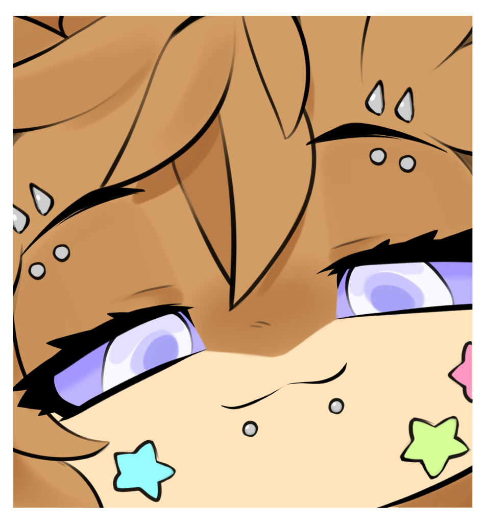Close-up drawing of a character with brown hair, purple eyes, and star stickers on their face